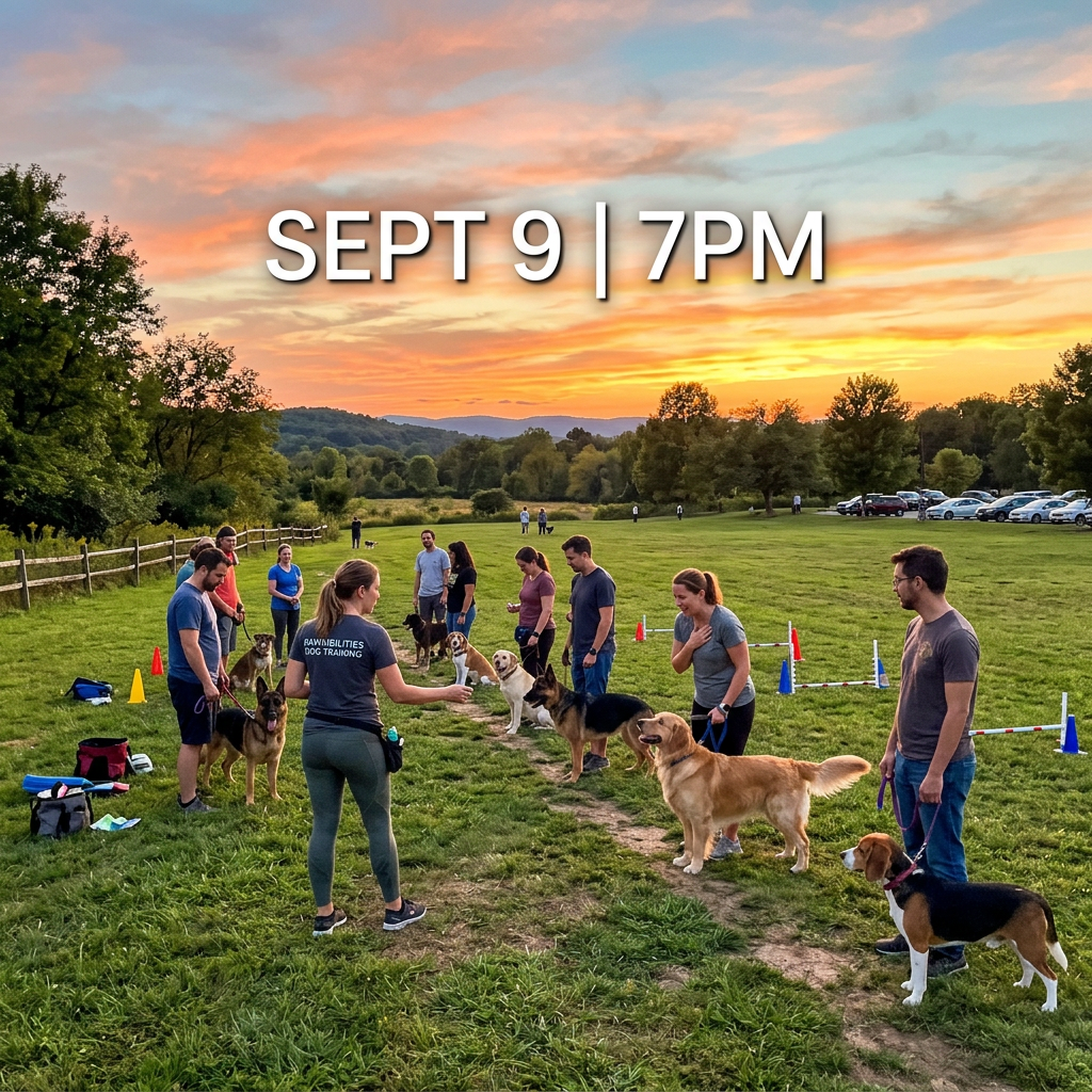 Group dog training session outdoors at sunset with multiple people and dogs lined up