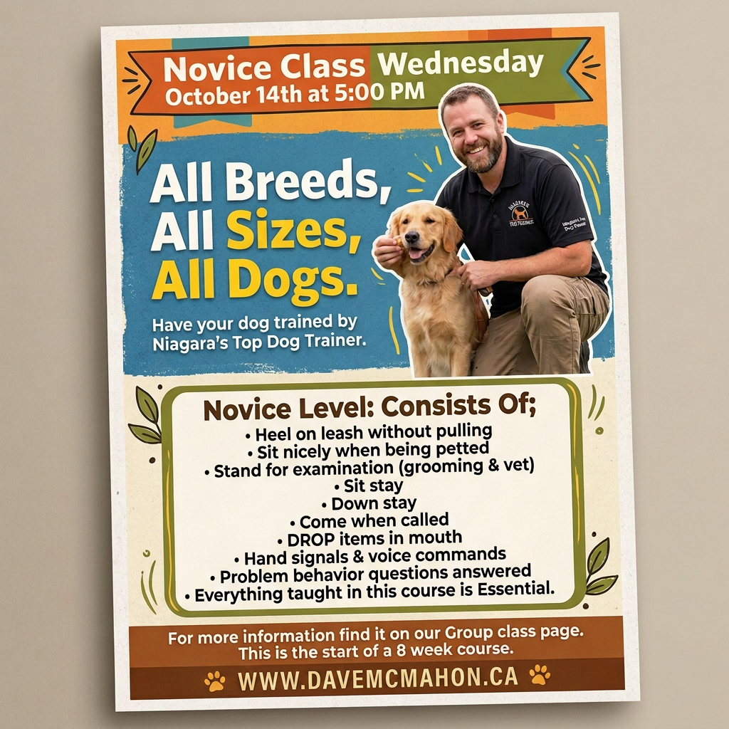 Flyer text: Novice Class Wednesday, October 14th at 5:00 PM. All Breeds, All Sizes, All Dogs. Have your dog trained by Niagara’s Top Dog Trainer. Novice Level: Consists of heel on leash without pulling, sit nicely when being petted, stand for examination (grooming & vet), sit stay, down stay, come when called, drop items in mouth, hand signals & voice commands, problem behavior questions answered, and everything taught in this course is essential. For more information find it on our Group class page. This is the start of a 8 week course. www.niagaradogtraining.com